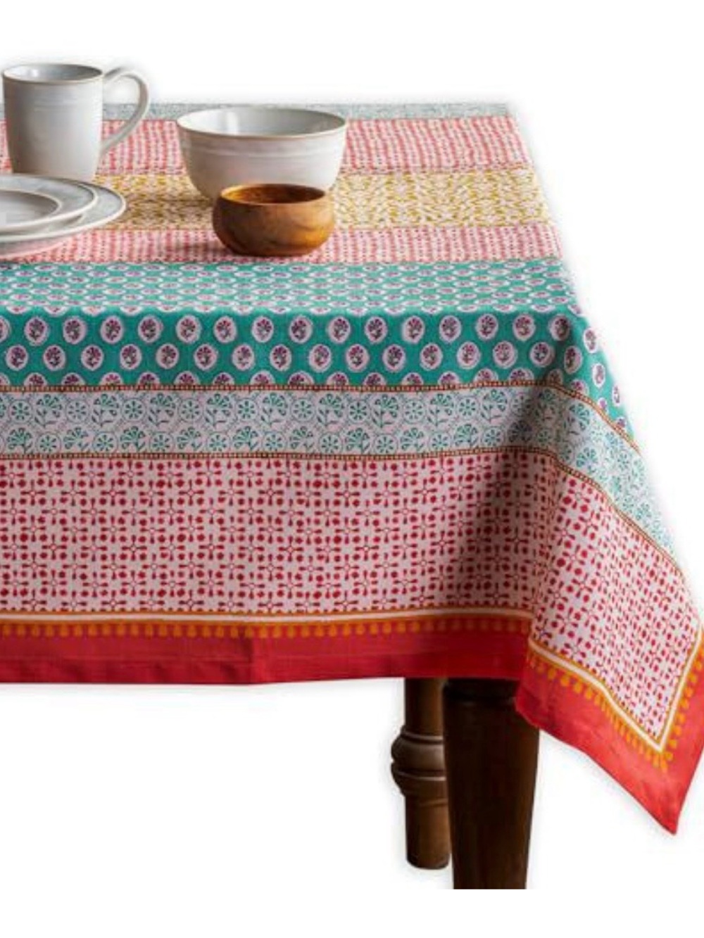 Striped Multicolor Cotton Tablecloth - Pink, Teal & Yellow